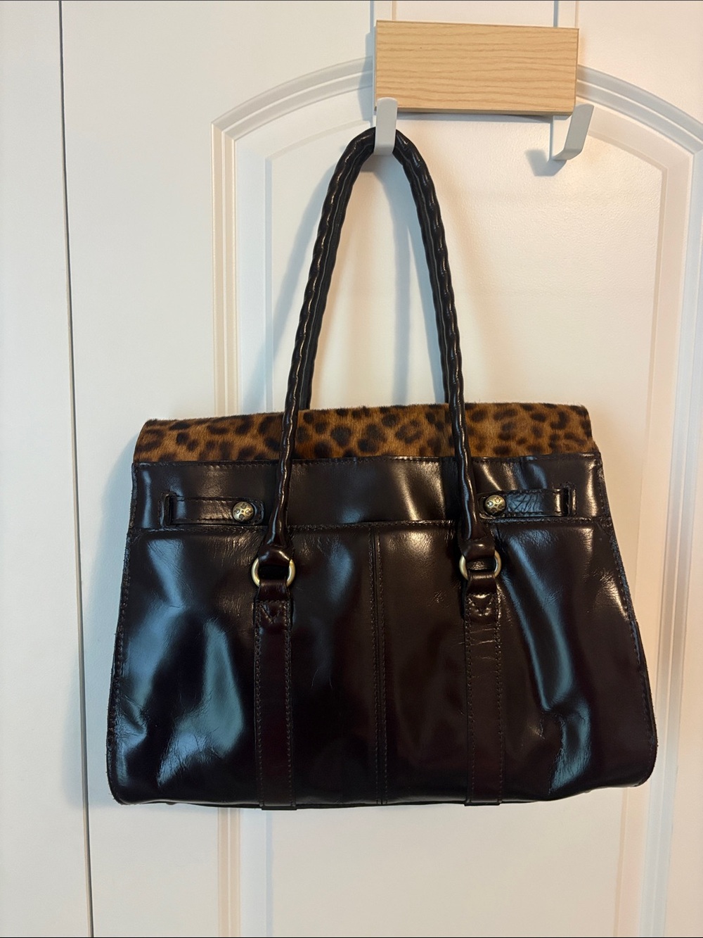 Patricia Nash Dark Brown Leather Shoulder Bag with Leopard Flap - Picture 5 of 6
